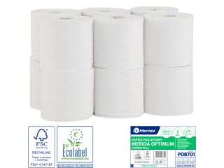 Pojemnik na papier toaletowy w listkach MERIDA HARMONY MINI za 50 zł netto przy zakupie 2 opakowań papieru MERIDA OPTIMUM CENTER PULL MINI POB701 (24 x 80 m = 1 920 m, 9 600 listków)